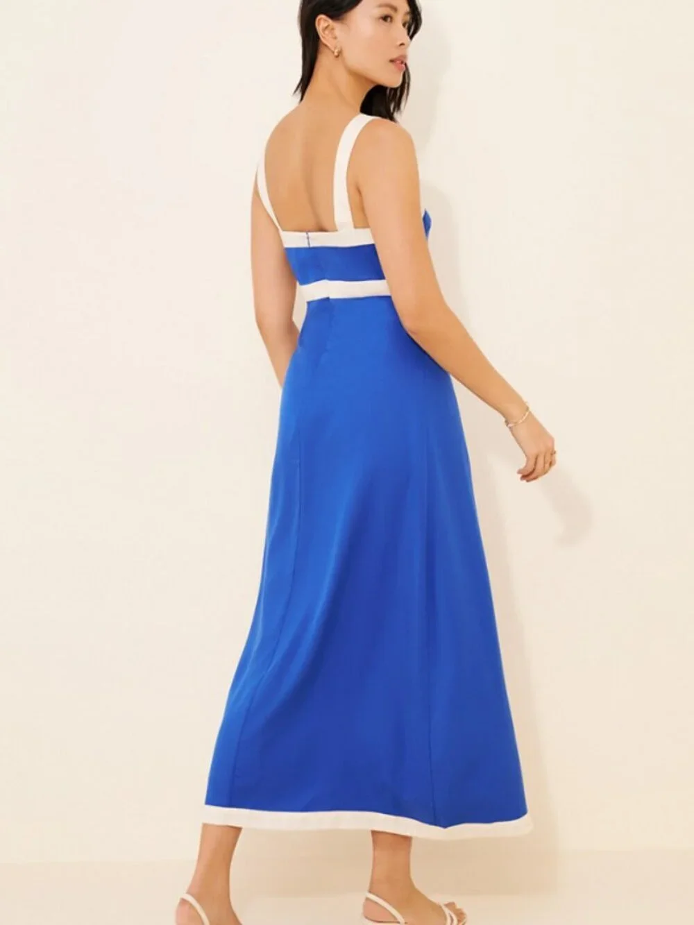 Sancia Amara Blue Midi Dress Cream Trim Sleeveless Resort Coastal 38423